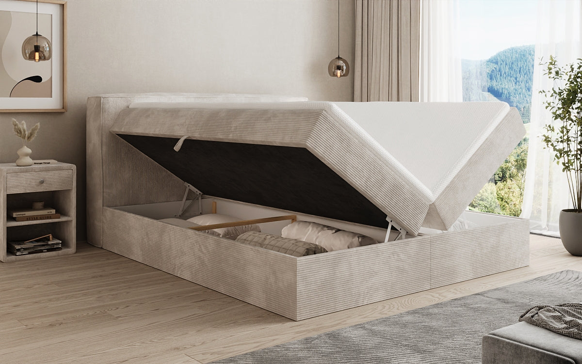 Boxspringbed Marea in Ribstof met opbergruimte