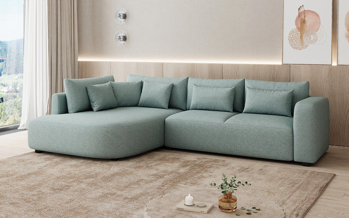 Designer hoekbank Ando met brede ottomane in structuurstof
