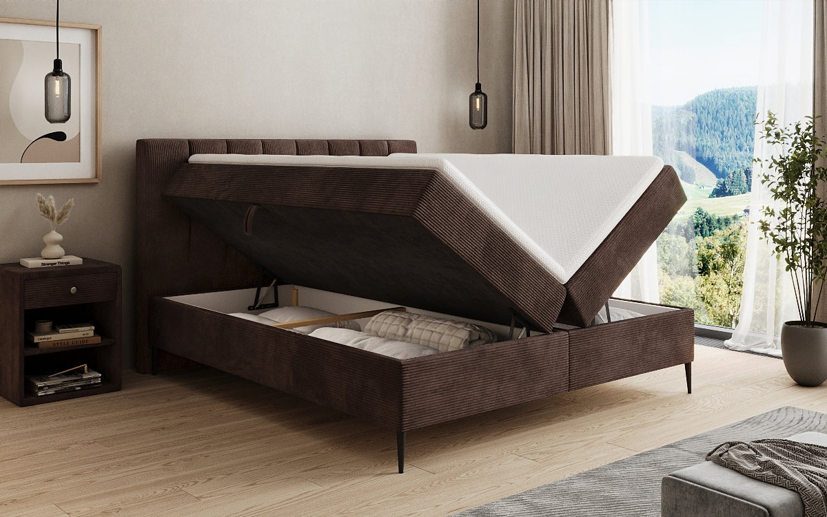 Boxspringbed Lucca in Ribstof met opbergruimte en poten