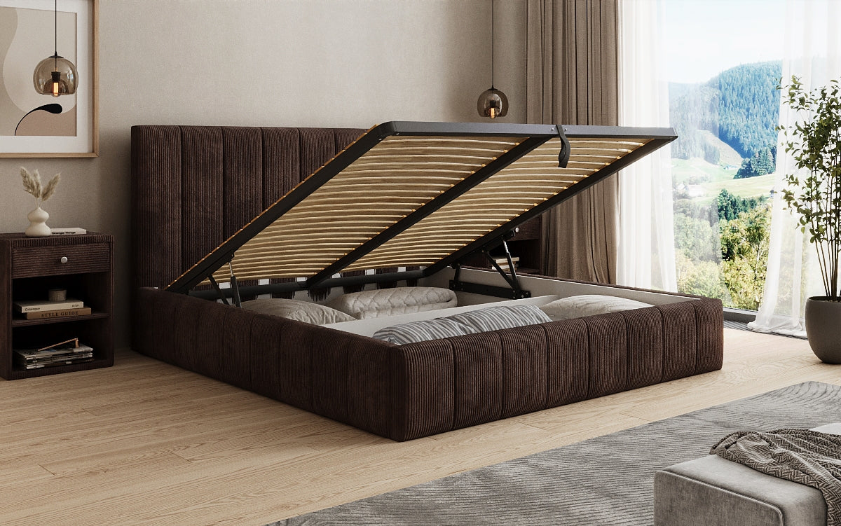 Designer gestoffeerd bed Maja in Ribstof met opbergruimte