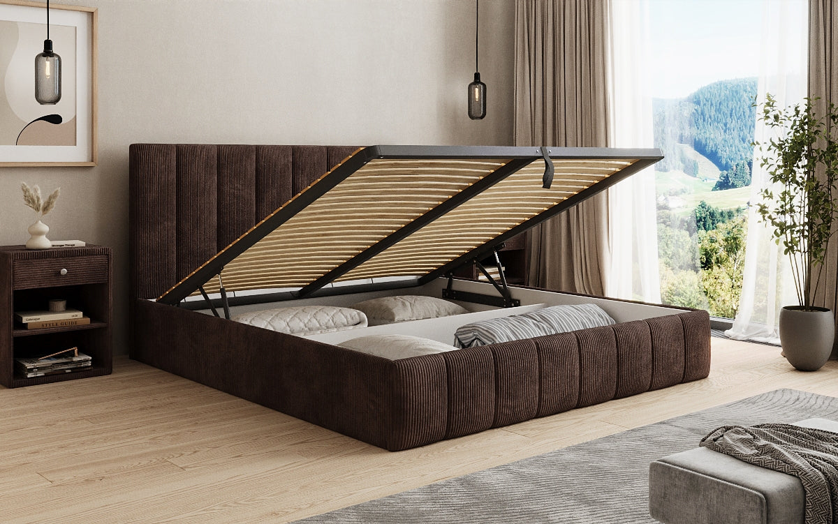 Designer gestoffeerd bed Mila in Ribstof met opbergruimte