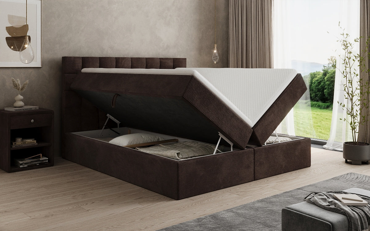 Boxspringbed Como in Ribstof met opbergruimte