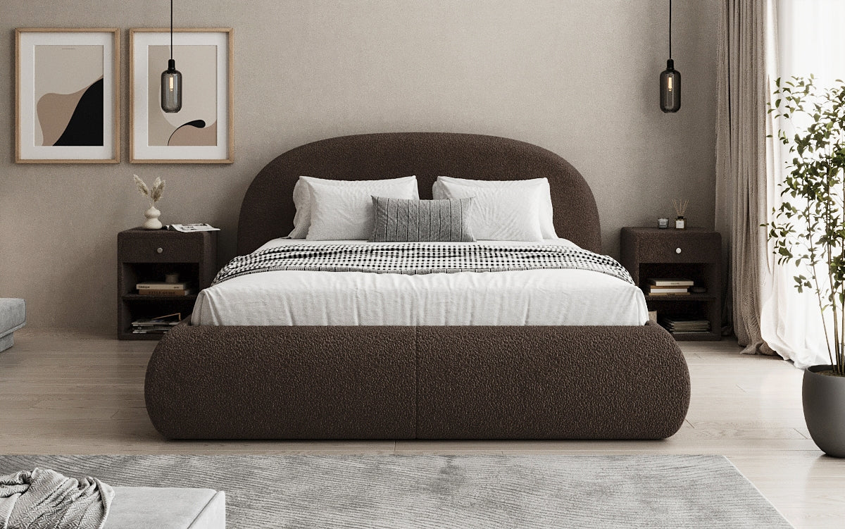 Designer gestoffeerd bed Loop in Teddystof Bouclé met opbergruimte