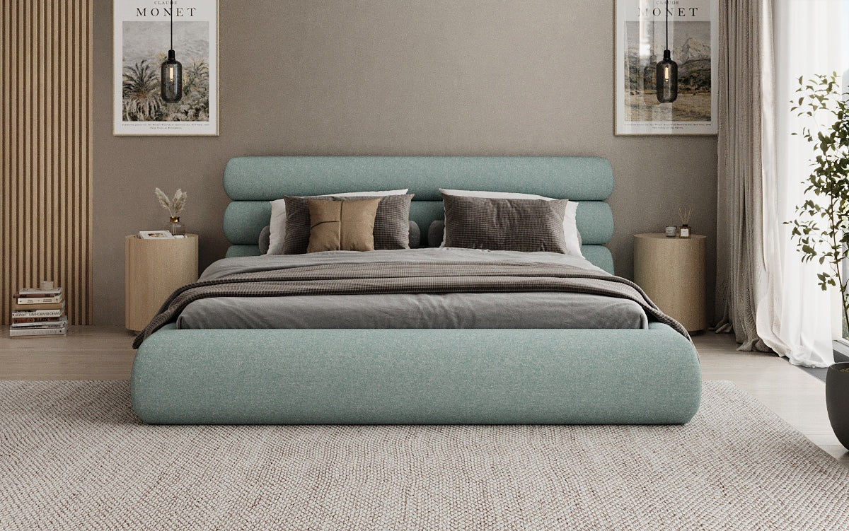 Designer gestoffeerd bed Joline in structuurstof met opbergruimte