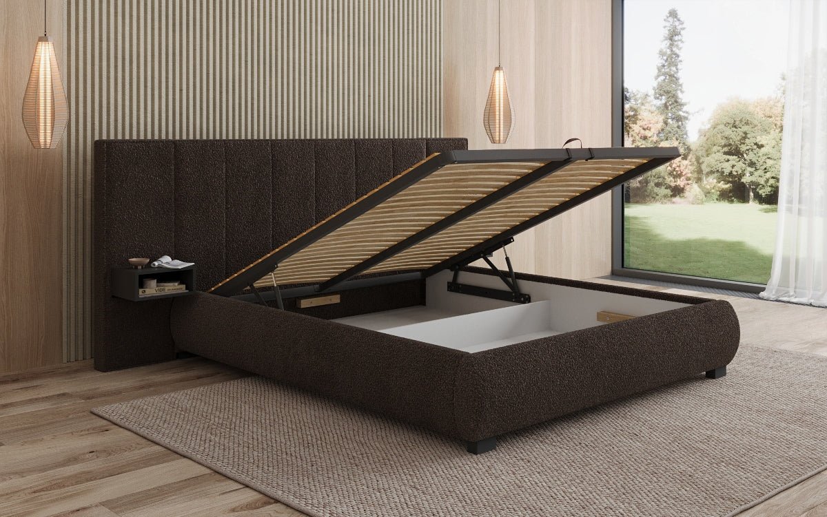 Designer gestoffeerd bed Elvara in Bouclé met opbergruimte