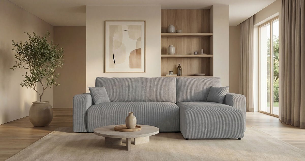 Designsofa Calva met slaap- en uitklapfunctie in Ribstof