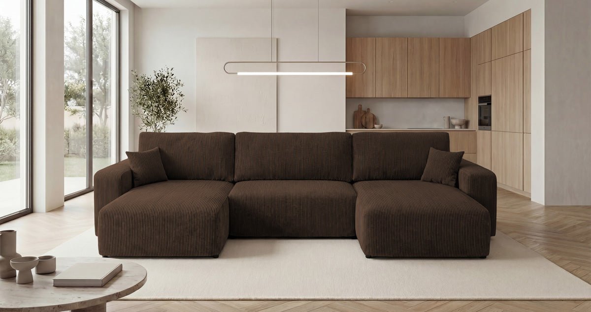 Designbank Noma U met slaapfunctie en opbergruimte in Ribstof