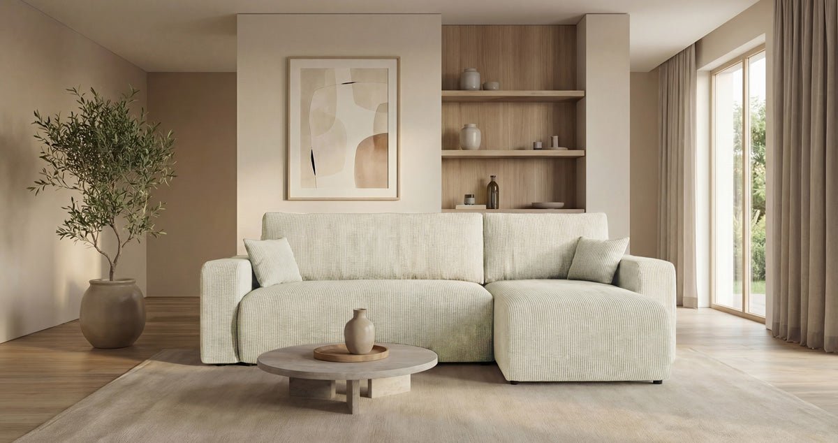 Designsofa Calva met slaap- en uitklapfunctie in Ribstof