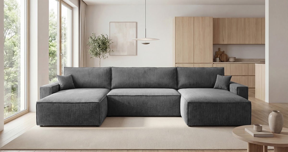 Designbank Vienna U met slaapfunctie en opbergruimte in Ribstof