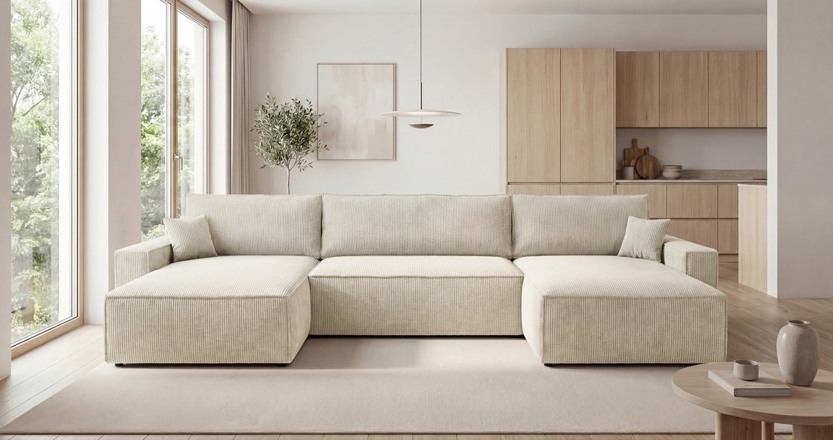 Designbank Vienna U met slaapfunctie en opbergruimte in Ribstof