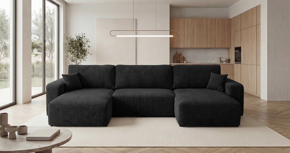 Designbank Noma U met slaapfunctie en opbergruimte in Ribstof