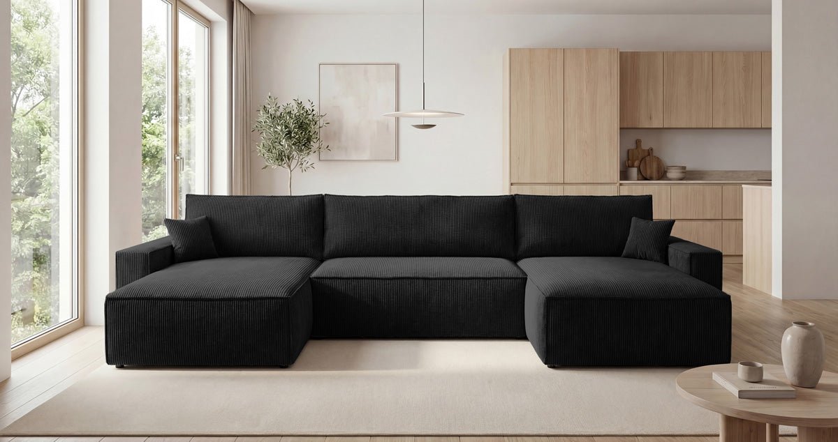 Designbank Vienna U met slaapfunctie en opbergruimte in Ribstof