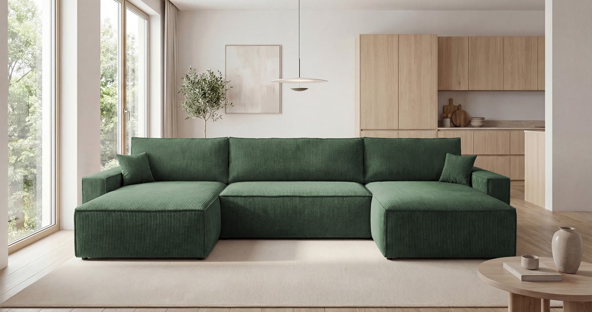 Designbank Vienna U met slaapfunctie en opbergruimte in Ribstof