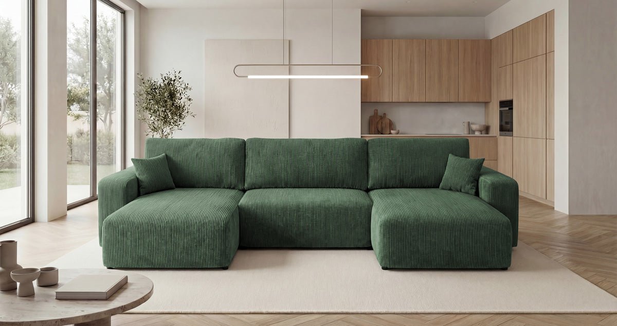 Designbank Noma U met slaapfunctie en opbergruimte in Ribstof