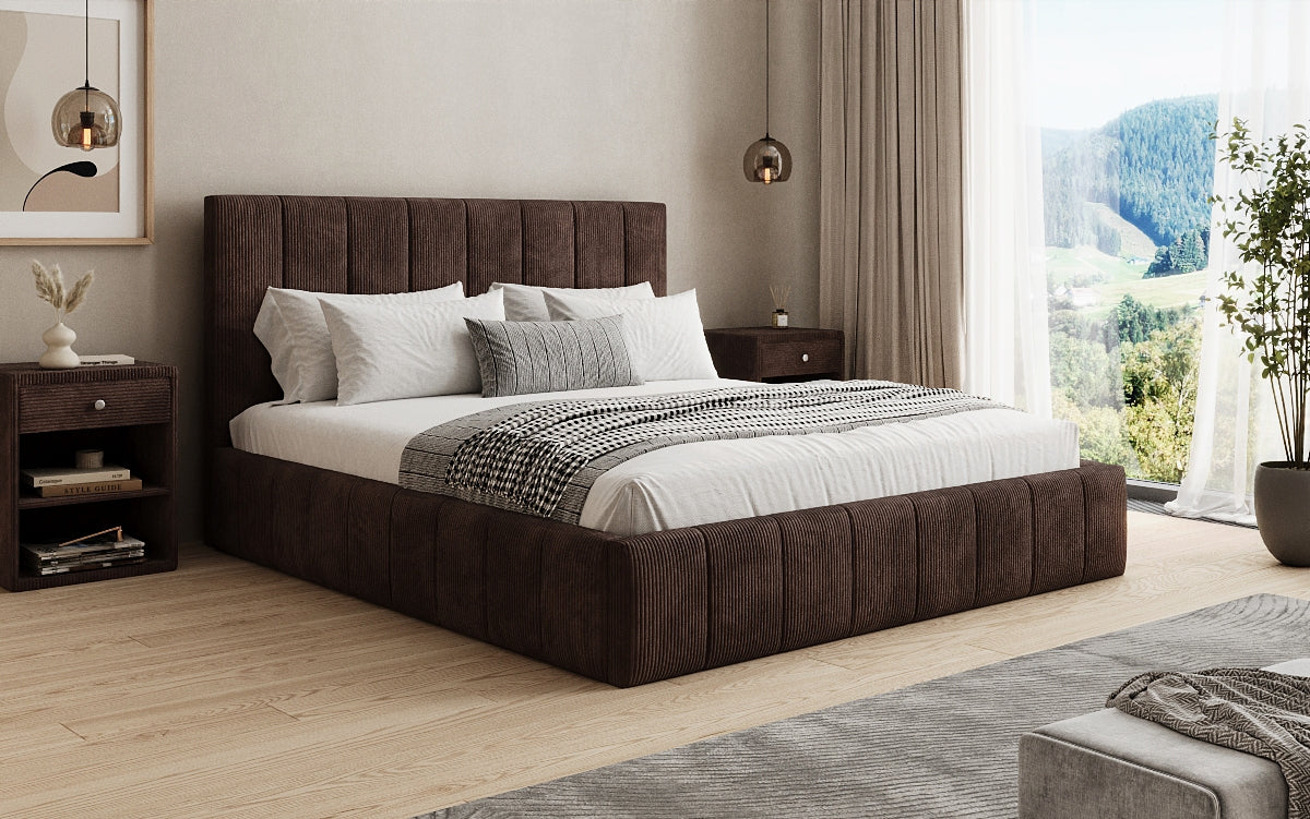 Designer gestoffeerd bed Maja in Ribstof met opbergruimte