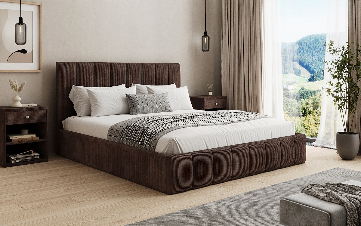 Designer gestoffeerd bed Mila in Ribstof met opbergruimte