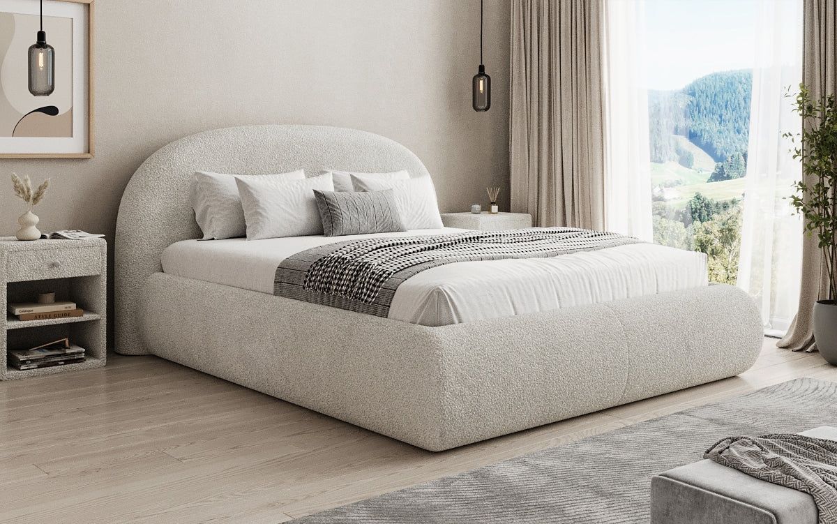 Designer gestoffeerd bed Loop in Teddystof Bouclé met opbergruimte