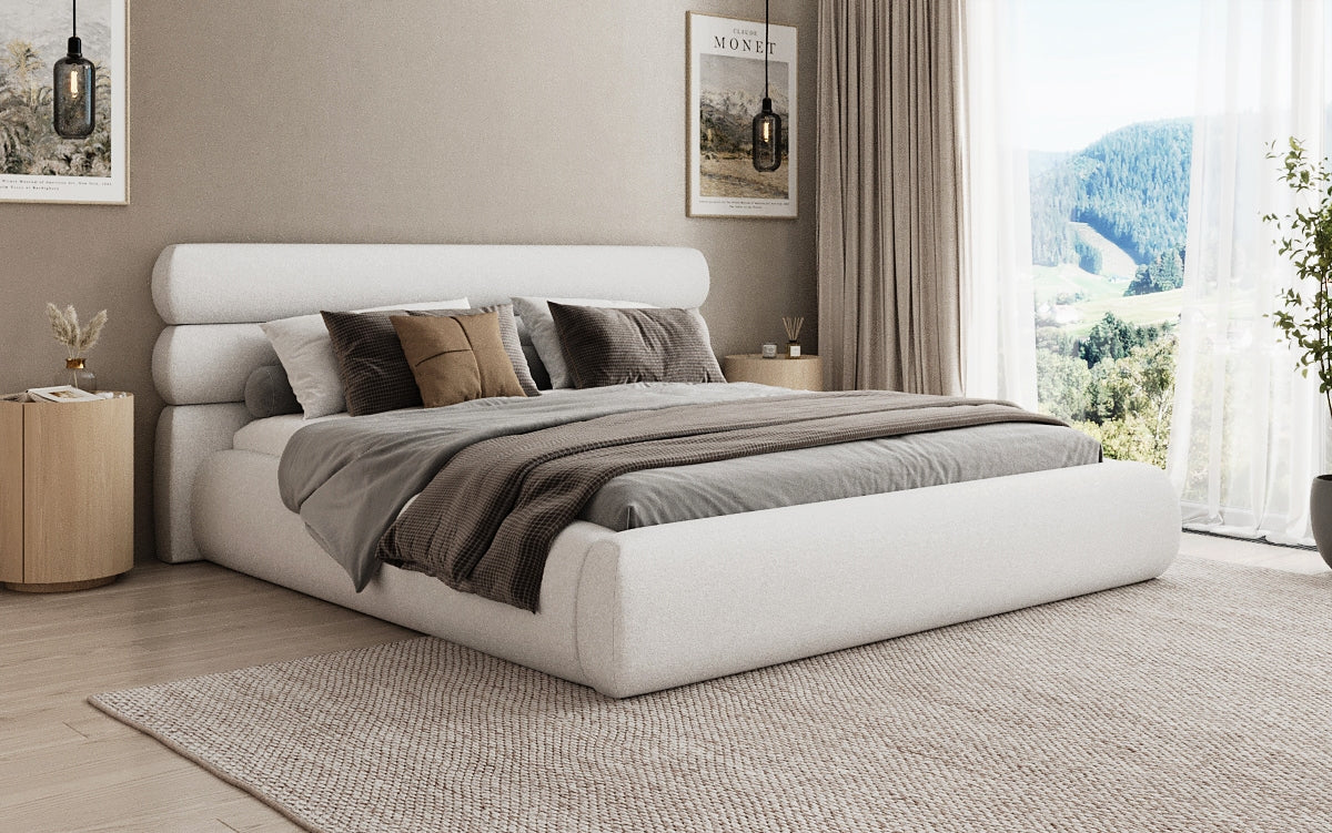 Designer gestoffeerd bed Joline in structuurstof met opbergruimte