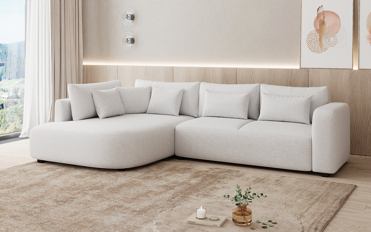 Designer hoekbank Ando met brede ottomane in structuurstof