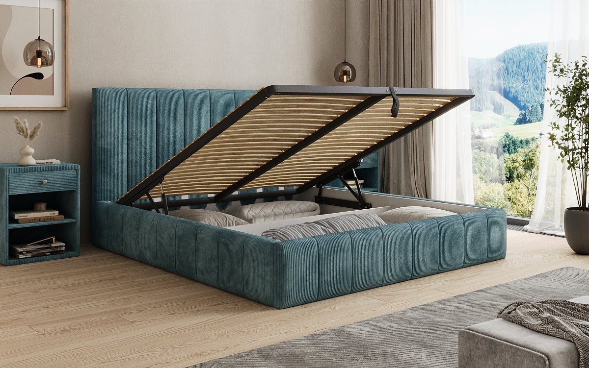 Designer gestoffeerd bed Maja in Ribstof met opbergruimte