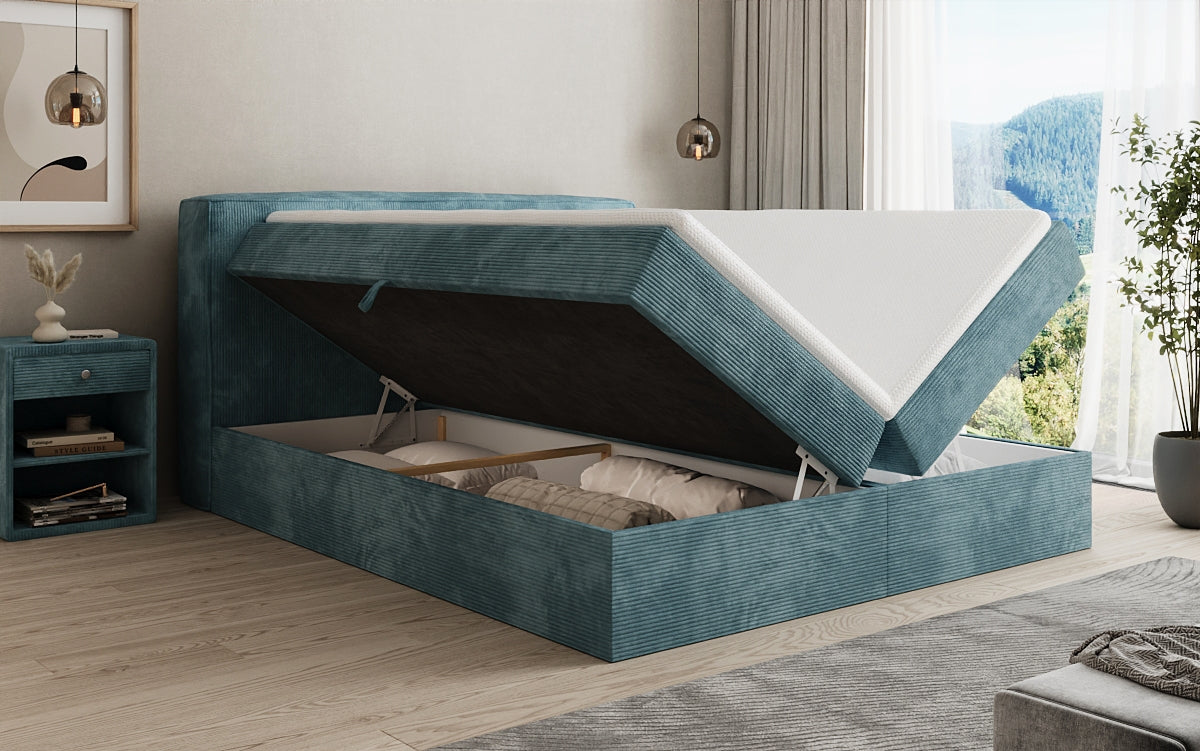 Boxspringbed Marea in Ribstof met opbergruimte