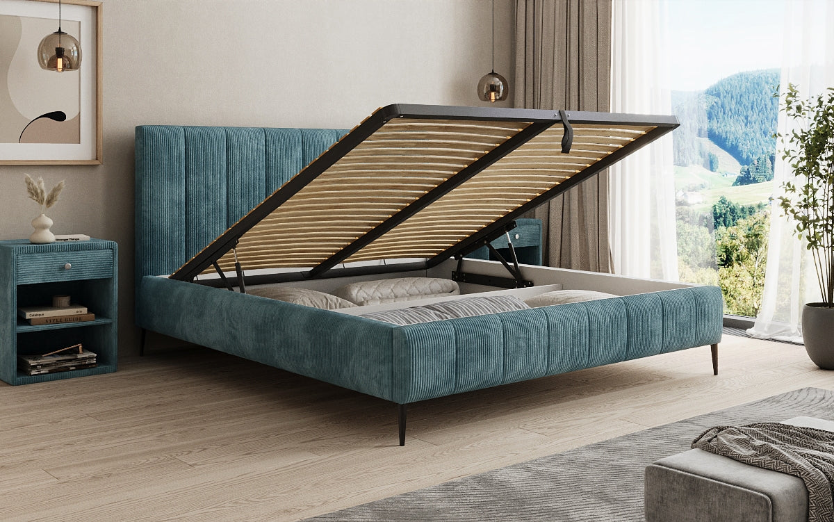 Designer gestoffeerd bed Astrid in Ribstof met opbergruimte