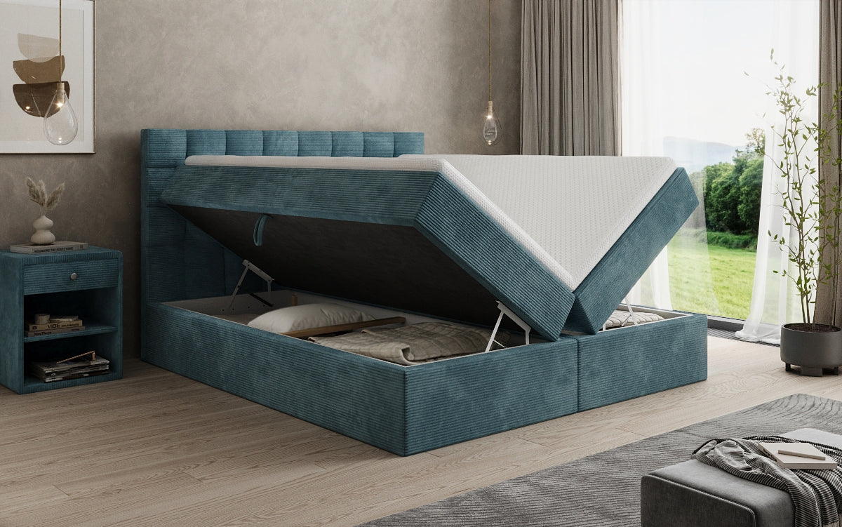 Boxspringbed Como in Ribstof met opbergruimte