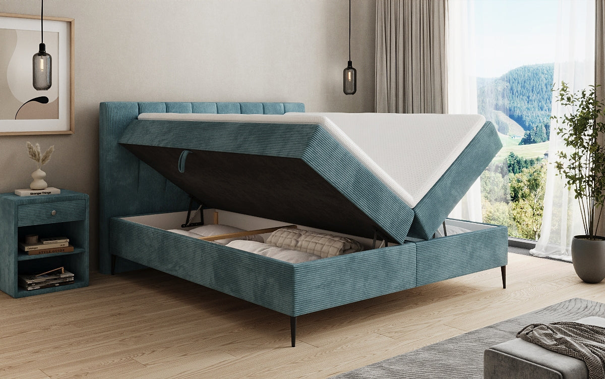 Boxspringbed Lucca in Ribstof met opbergruimte en poten