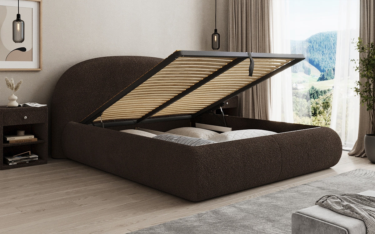 Designer gestoffeerd bed Loop in Teddystof Bouclé met opbergruimte