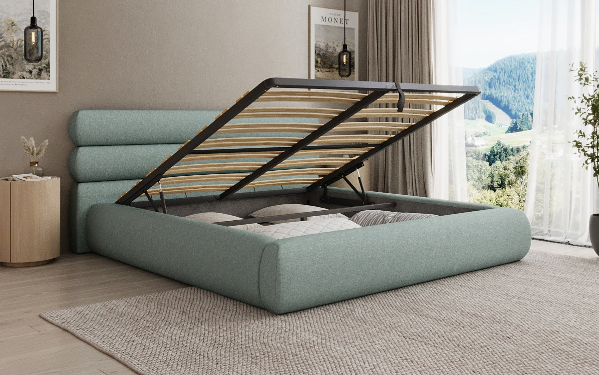Designer gestoffeerd bed Joline in structuurstof met opbergruimte
