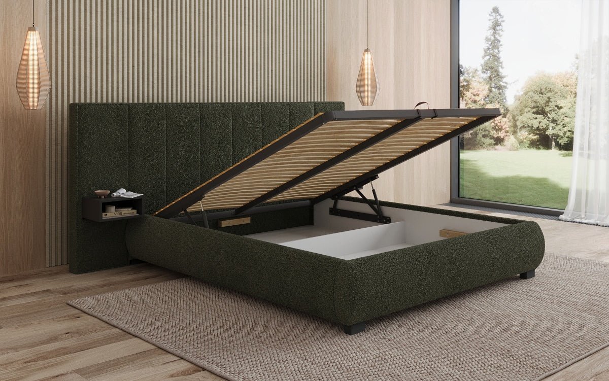 Designer gestoffeerd bed Elvara in Bouclé met opbergruimte