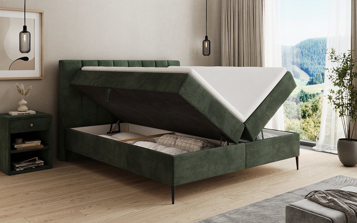 Boxspringbed Lucca in Ribstof met opbergruimte en poten