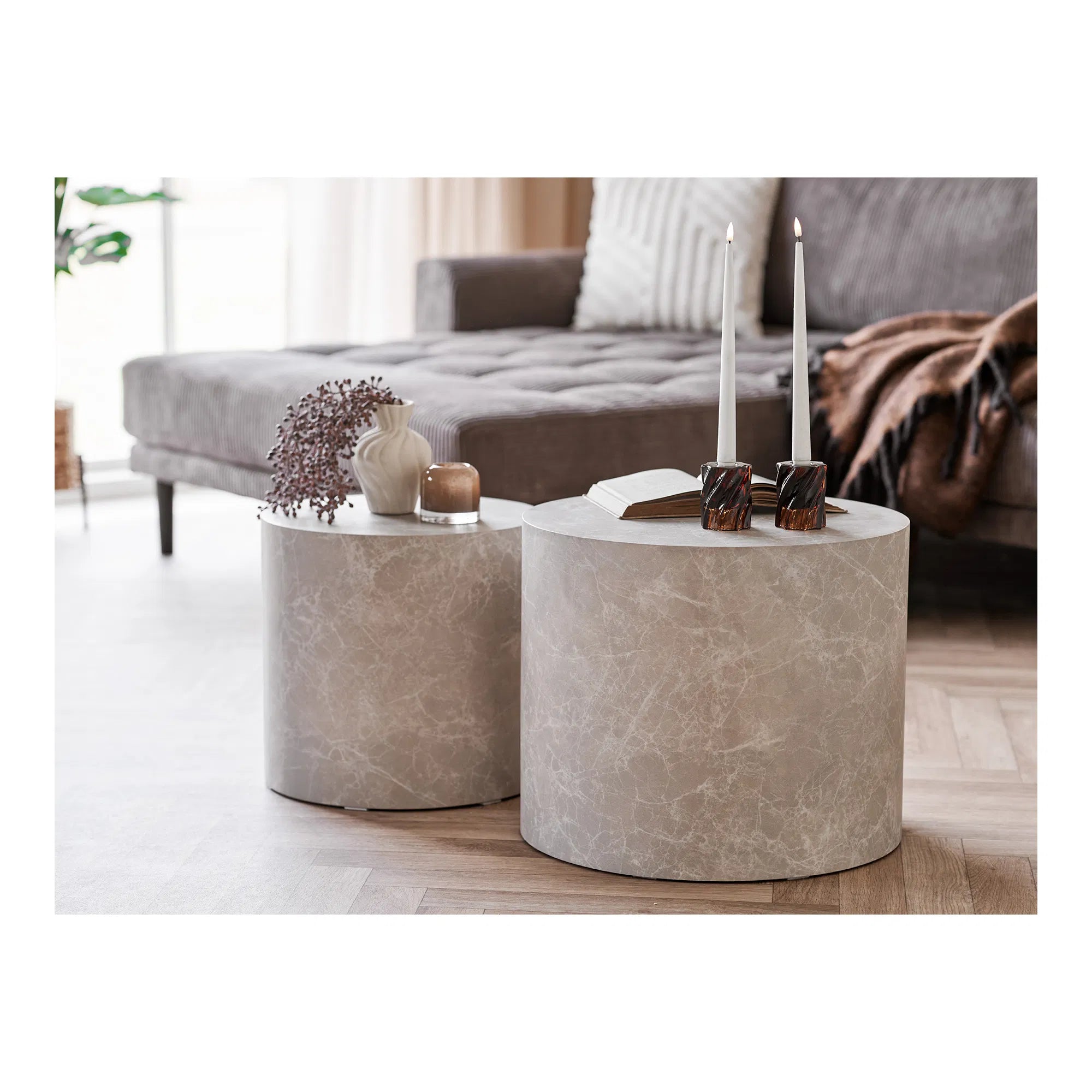 Designer salontafel Parijs 2-delige set rond in marmerlook