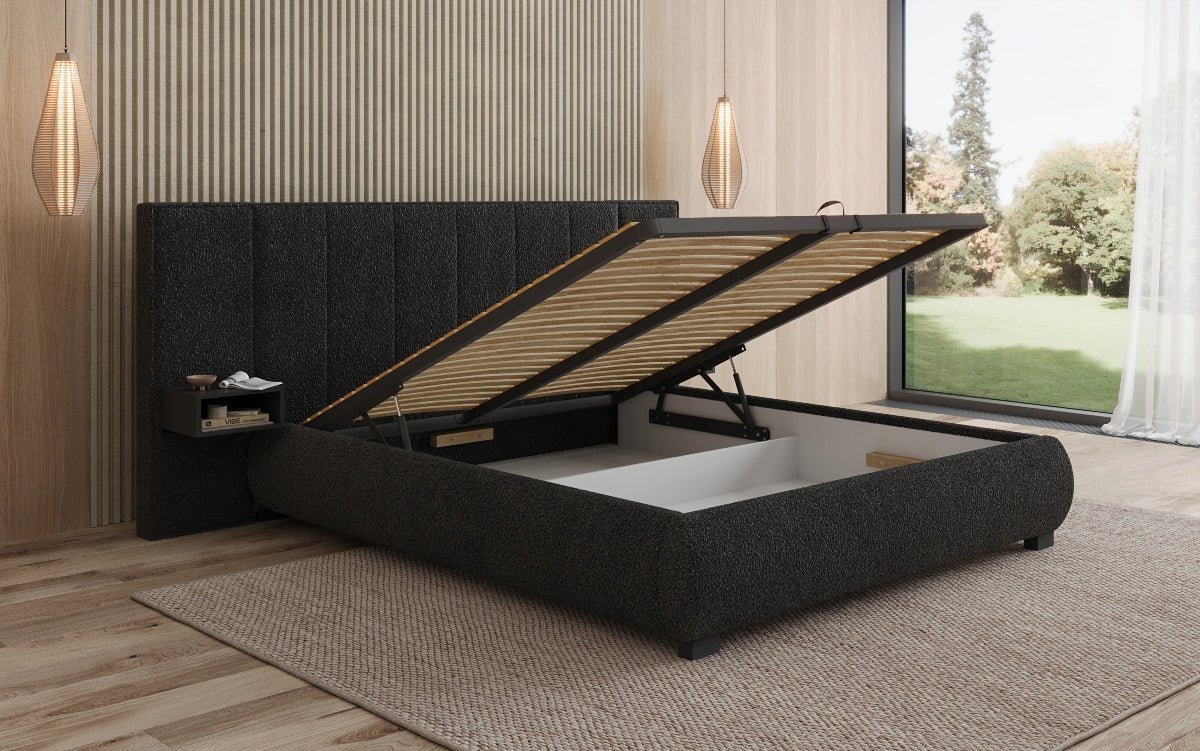 Designer gestoffeerd bed Elvara in Bouclé met opbergruimte
