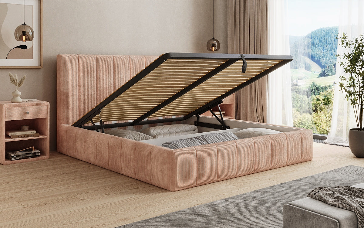 Designer gestoffeerd bed Maja in Ribstof met opbergruimte