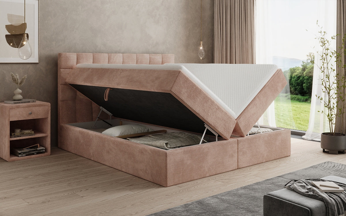 Boxspringbed Como in Ribstof met opbergruimte