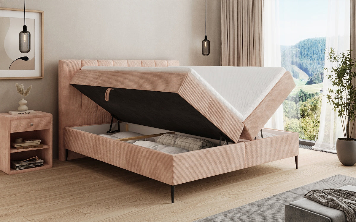 Boxspringbed Lucca in Ribstof met opbergruimte en poten