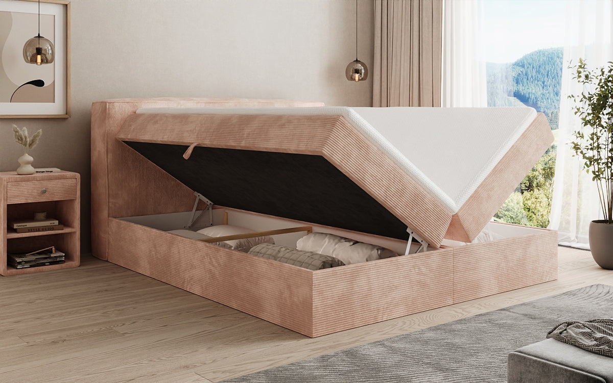 Boxspringbed Marea in Ribstof met opbergruimte