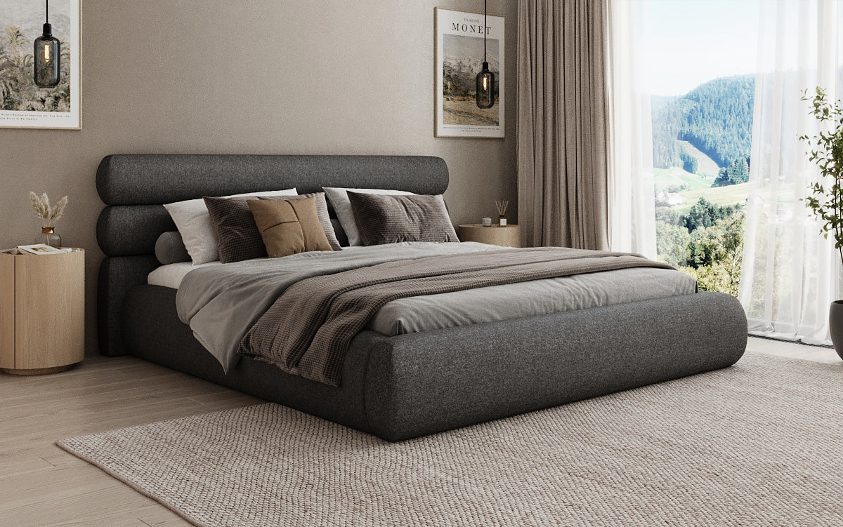 Designer gestoffeerd bed Joline in structuurstof met opbergruimte