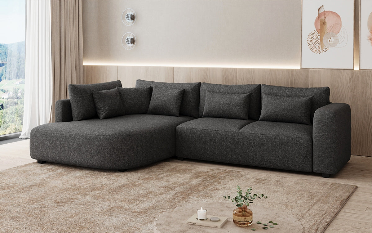 Designer hoekbank Ando met brede ottomane in structuurstof
