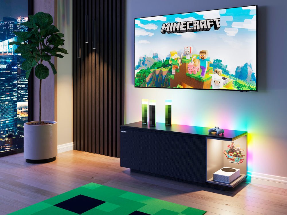 Minecraft Lowboard „BlockBase“ – met deuren, consolevak & LED-element