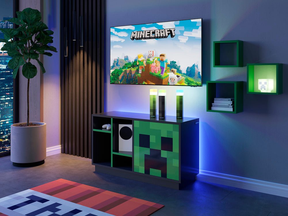 Minecraft TV-Lowboard „CreeperCube“ – met Push-Open deur & open vakken