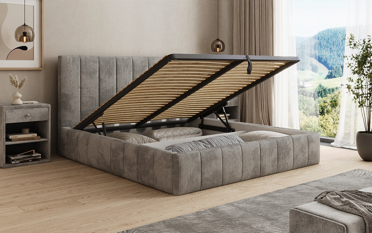 Designer gestoffeerd bed Maja in Ribstof met opbergruimte