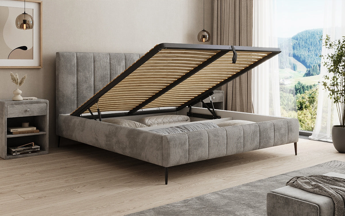Designer gestoffeerd bed Astrid in Ribstof met opbergruimte