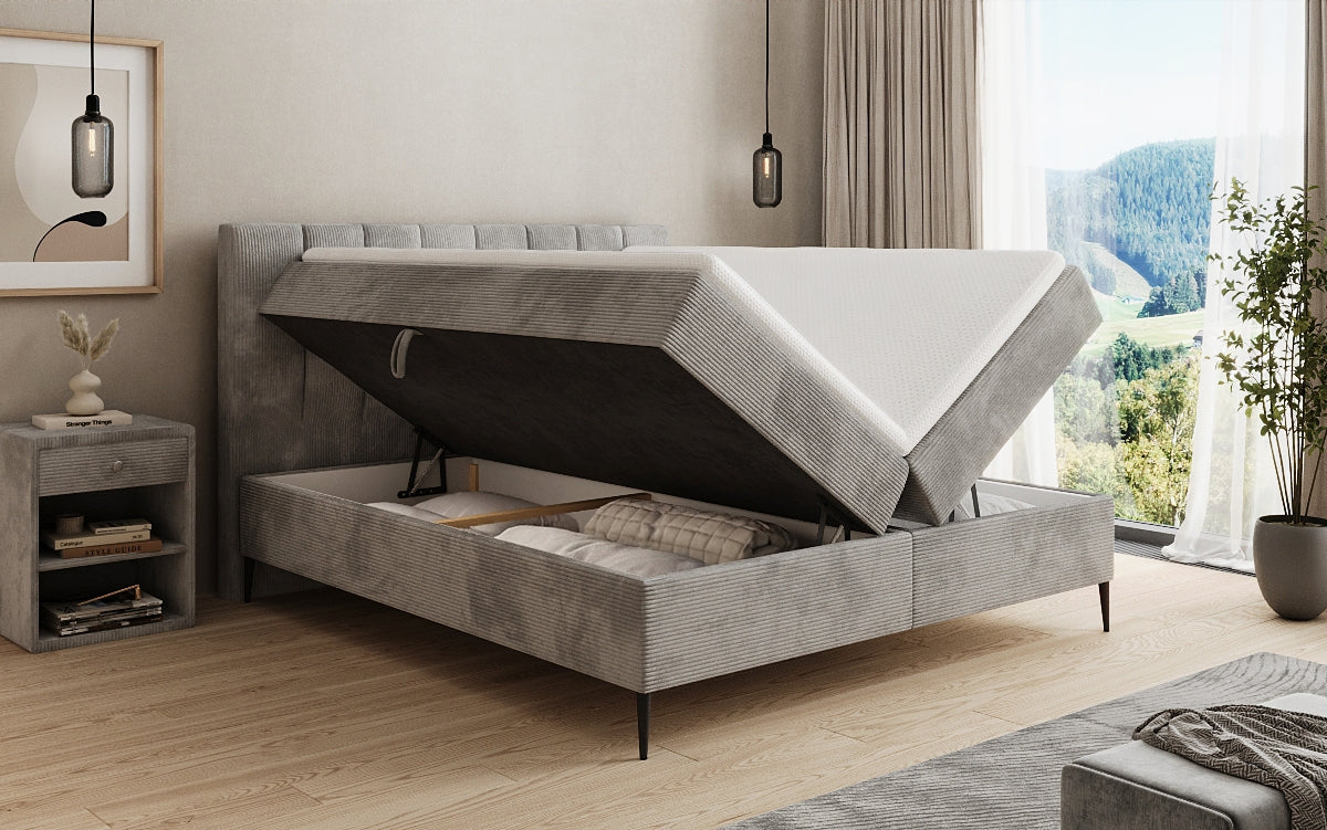 Boxspringbed Lucca in Ribstof met opbergruimte en poten