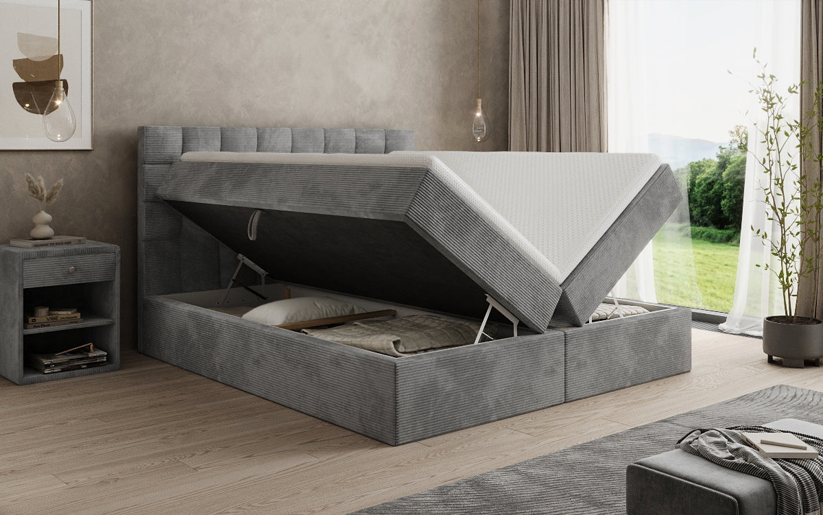 Boxspringbed Como in Ribstof met opbergruimte