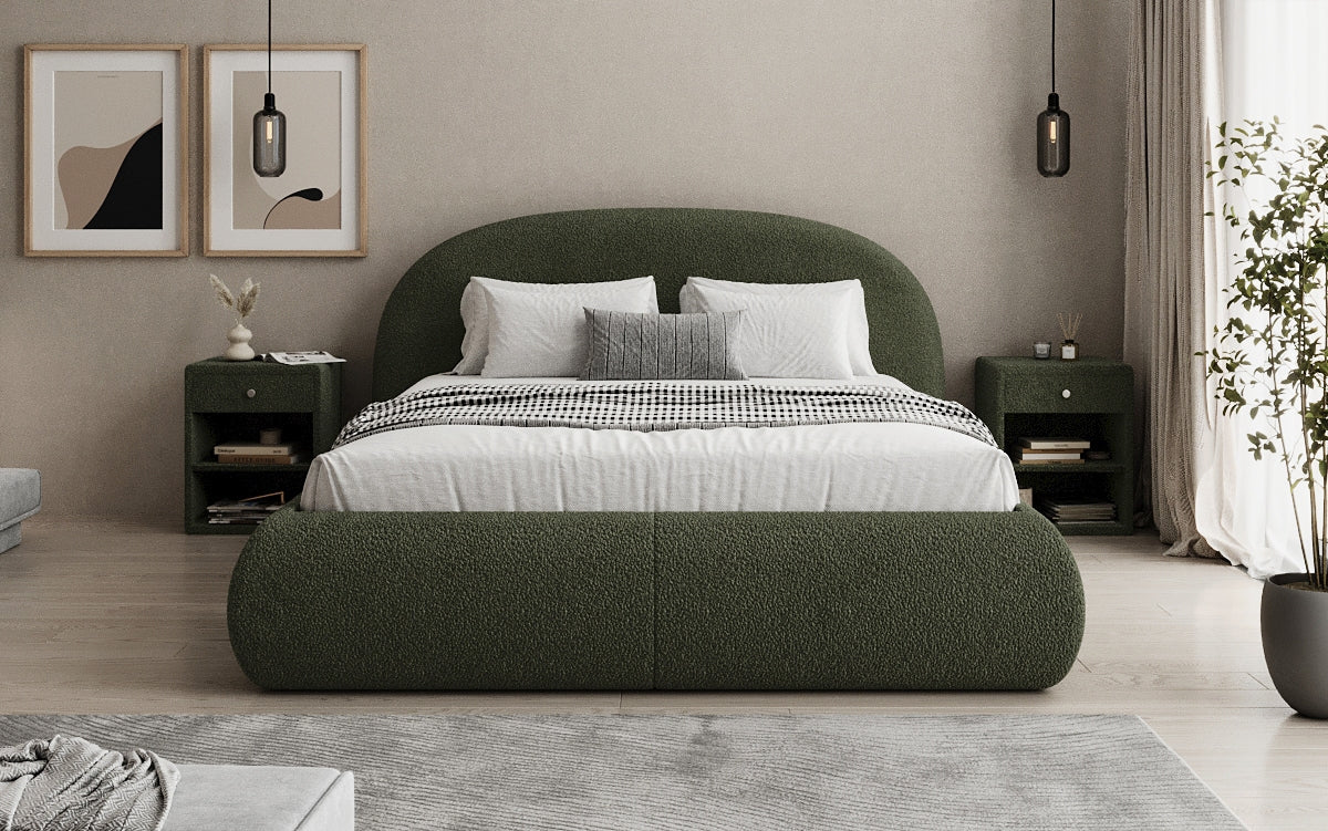 Designer gestoffeerd bed Loop in Teddystof Bouclé met opbergruimte