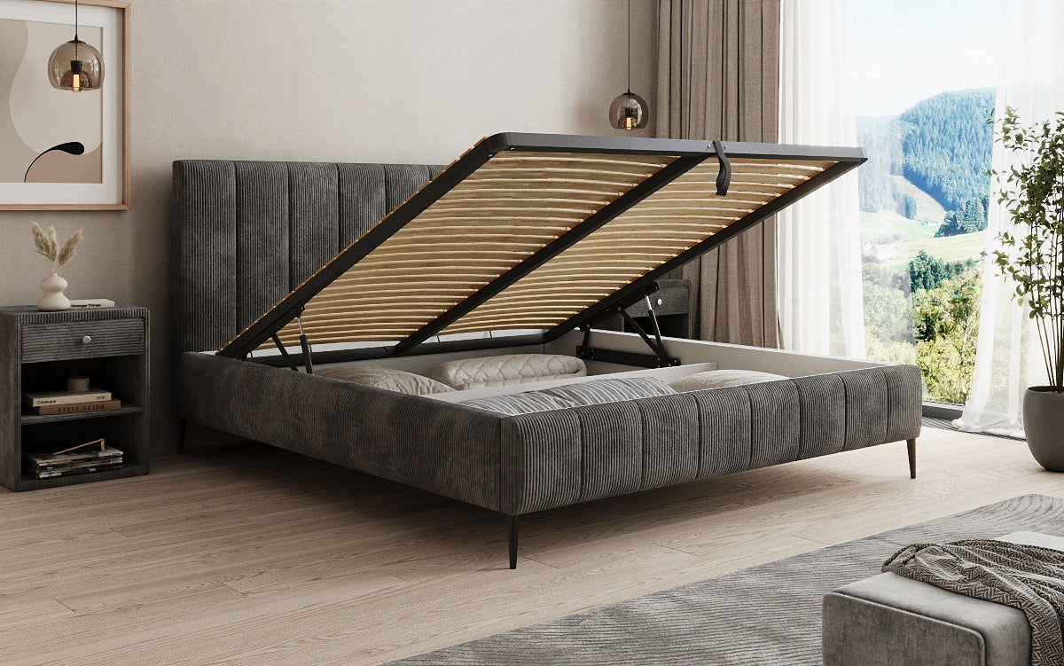 Designer gestoffeerd bed Astrid in Ribstof met opbergruimte