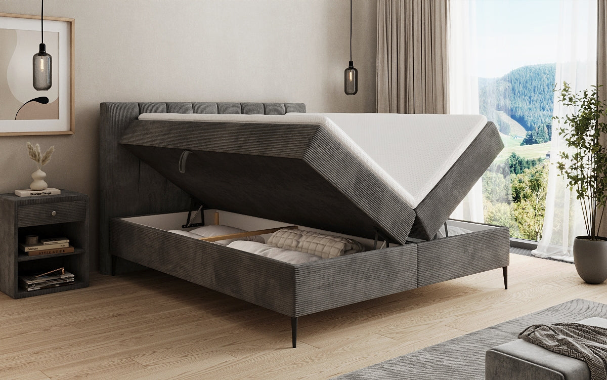 Boxspringbed Lucca in Ribstof met opbergruimte en poten