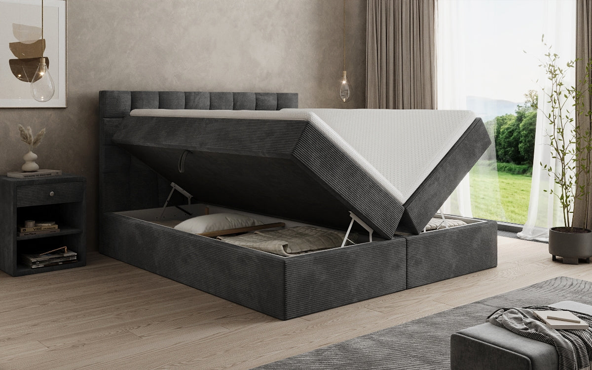 Boxspringbed Como in Ribstof met opbergruimte